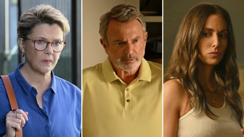From left to right: Joy Delaney (Annette Bening), Stan Delaney (Sam Neill) and Amy Delaney (Alison Brie) in "Apples Never Fall" (Peacock)